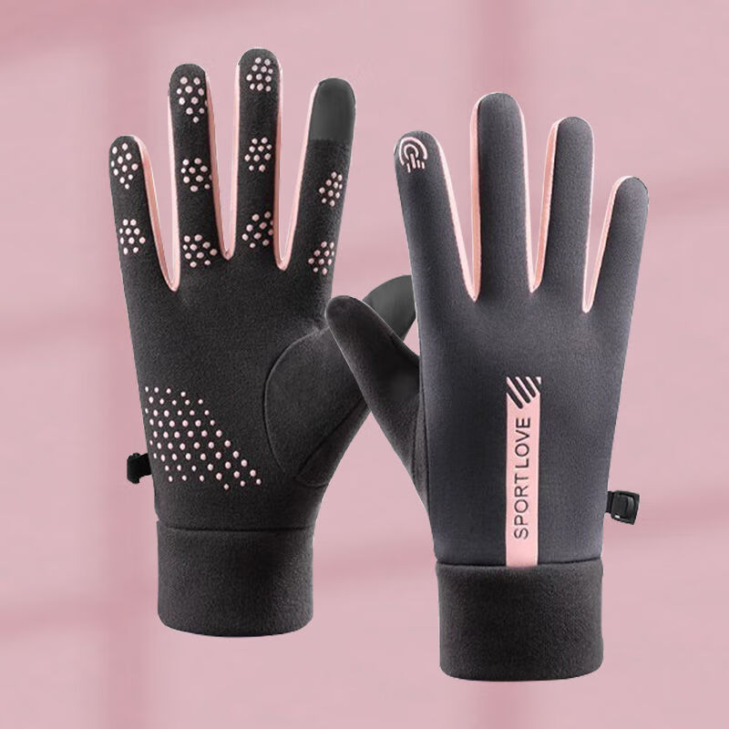 束鹿故事手套男女秋季冬季保暖加绒加厚骑行手套户外防风运动防滑触屏手套 女款德绒竖标灰色