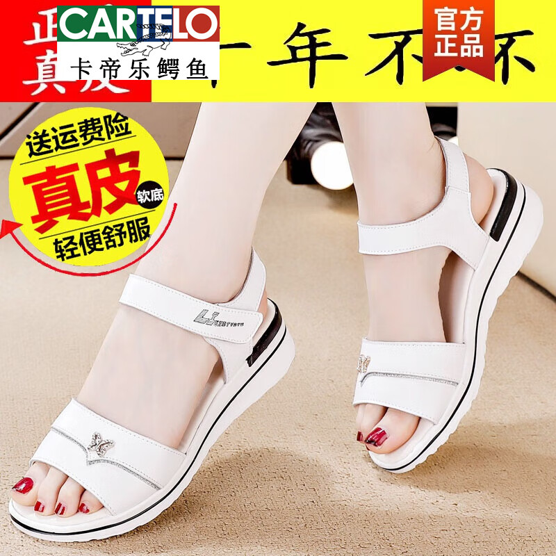 卡帝乐鳄鱼（CARTELO）品牌真皮凉鞋女2024夏季新款时尚百搭休闲中跟坡跟女士沙滩鞋 白色326 37