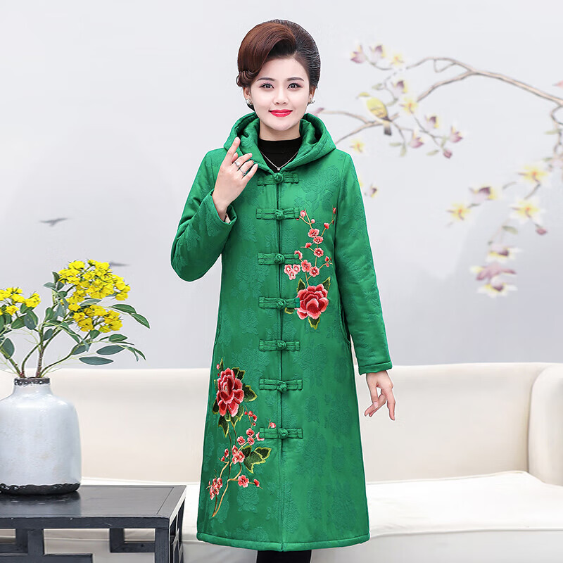 芳嫔中式复古民族风棉服女刺绣长款妈妈装中老年冬装绣花外套新款中加