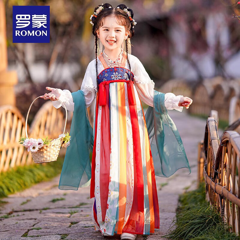 罗蒙儿童中国风原创齐胸襦裙2025款唐装女童汉服夏季毕业演出服 敦煌菊 1182 130