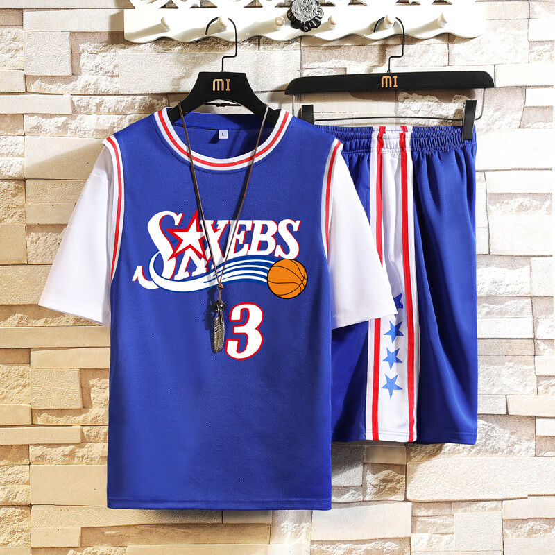 服套装男孩阿伦艾弗森3号球衣夏季速干运动服 tzk230蓝色短袖 短裤