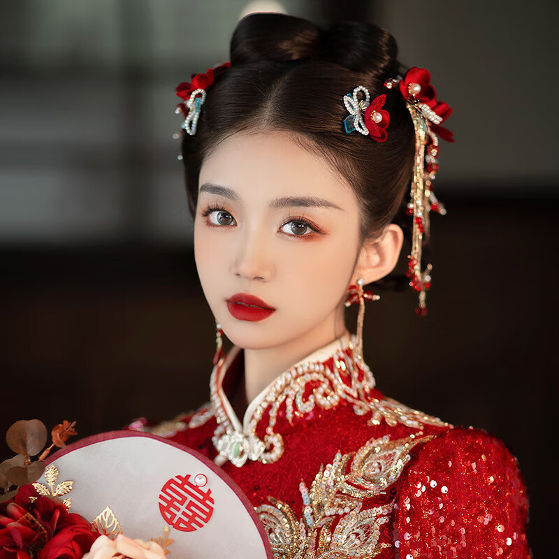 古耐新娘秀禾服頭飾紅色絨花鳳冠中式結婚禮物新婚敬酒服發飾婚慶飾品 絨花秀禾服發飾套裝【耳夾款】