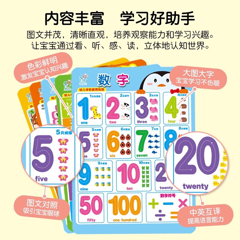 幼儿学前教育挂图(共17张)双面34页婴幼儿早教启蒙挂图认知认物书 宝宝看图识字拼音挂画 家庭早教认知墙贴