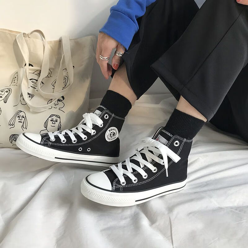 环球女鞋帆布鞋女鞋高帮2025新款夏季透气轻便学生小白鞋低帮黑色板鞋 经典黑色-高帮 38