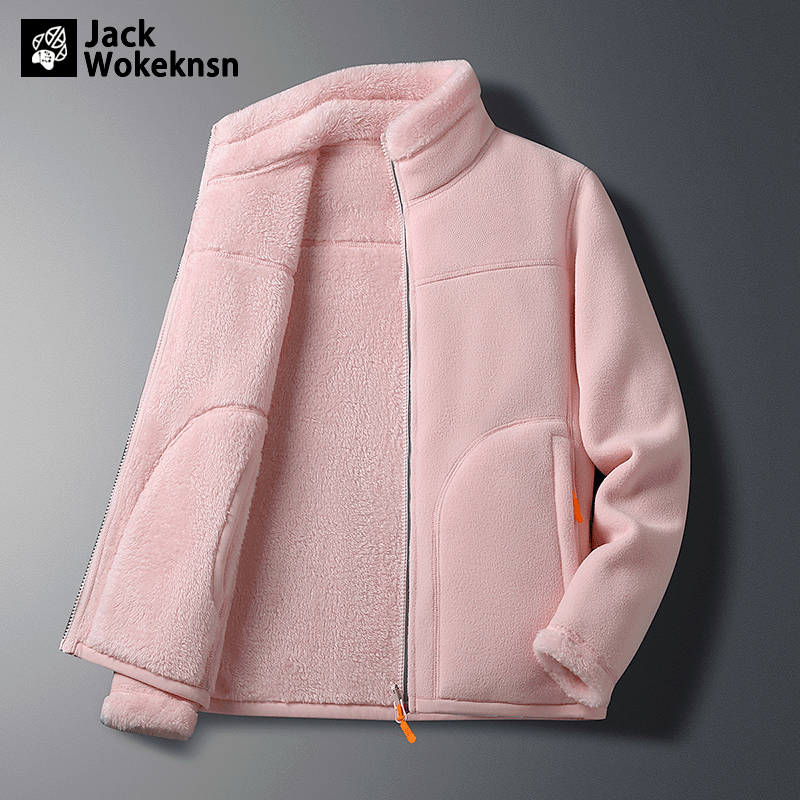JACK WOKEKNSN狼爪云抓绒外套男女珊瑚绒大码双面摇粒绒情侣开衫加厚羊羔绒立领 豆绿(女) M