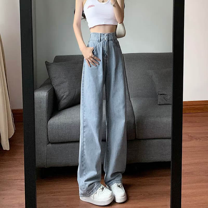 芈虹缘 浅蓝直筒牛仔长裤女春秋款高腰显瘦阔腿裤街拍学生宽松拖地