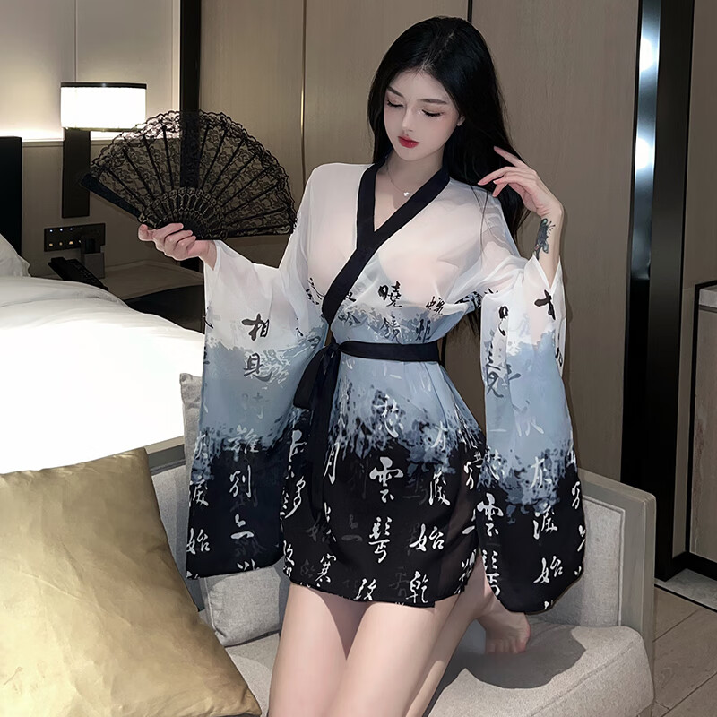 情趣内衣女和服 性感睡衣情趣制服套装 古风透明汉服印花和服睡裙睡衣
