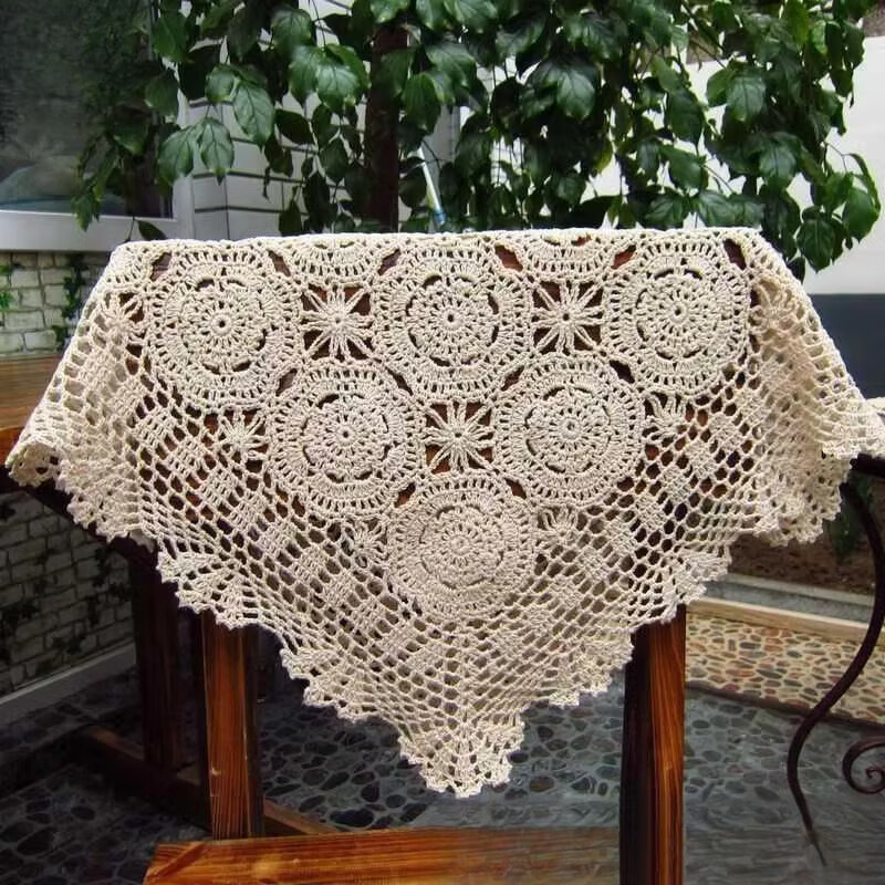 绚嘉纯手工钩针钩花桌布沙发巾纯棉编织桌布怀旧复古盖巾方形定制