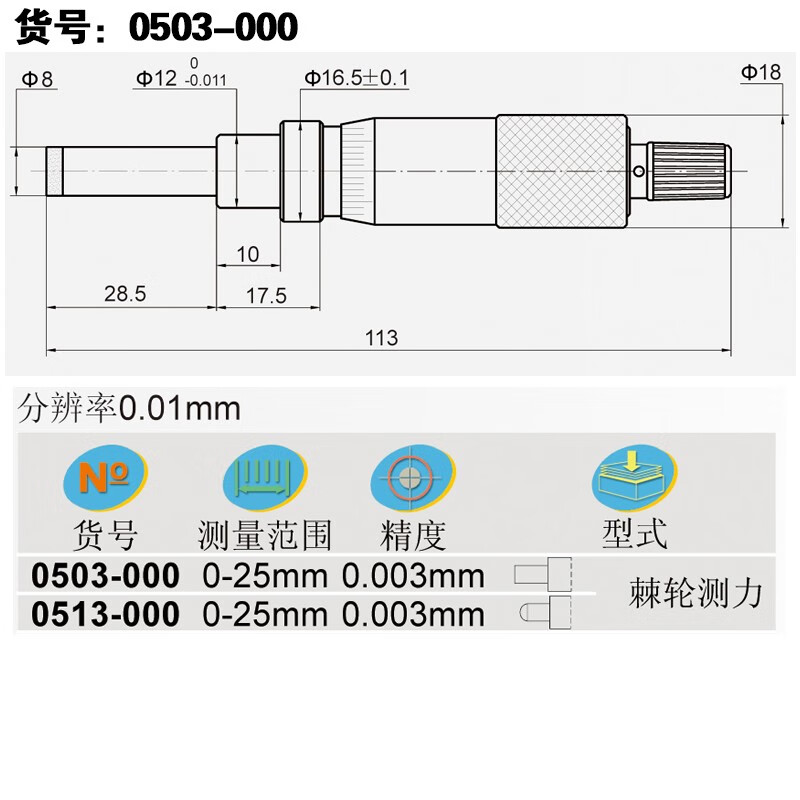 仁聚益青海直進式微分頭 0-25mm 測微器測微頭/平頭微調器 0503-000 0-2 .01mm