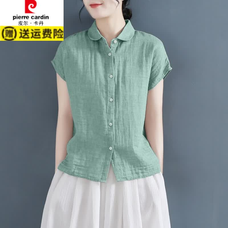 皮尔卡丹（pierre cardin）亚麻无袖衬衫女夏季新款设计感宽松短袖棉麻大码衬衣棉时尚上衣 黑色 L 建议120-140斤
