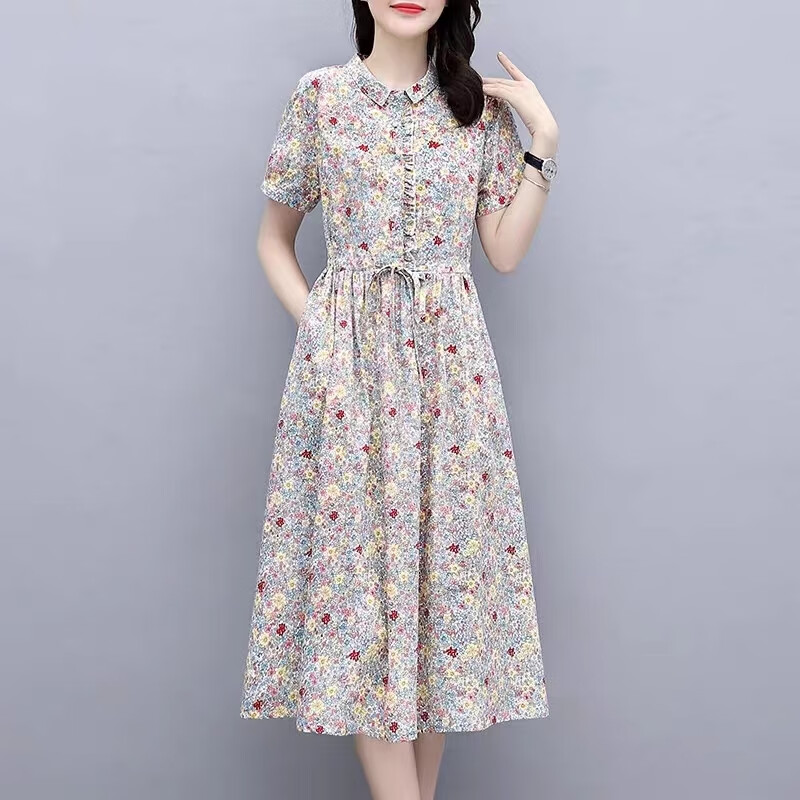皮爾卡丹（pierre cardin）全棉小碎花連衣裙女中長款2025夏時(shí)尚氣質(zhì)翻領(lǐng)顯瘦印花純棉布裙子 米花 0522款高品質(zhì) XL 建議115-125斤