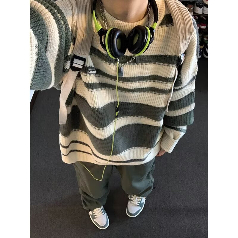 黑盒白学院风彩虹条纹圆领毛衣男女复古慵懒风学生秋冬季情侣针织衫男 XH-Y39黑色 常规 2XL 【130-150斤】