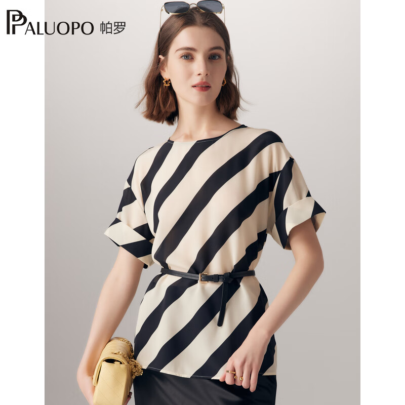 帕罗(PALUOPO)14姆米双绉真丝短袖t恤女条纹印花圆领100%桑蚕丝森休闲t体恤上衣 米黑 2XL (175/96A)
