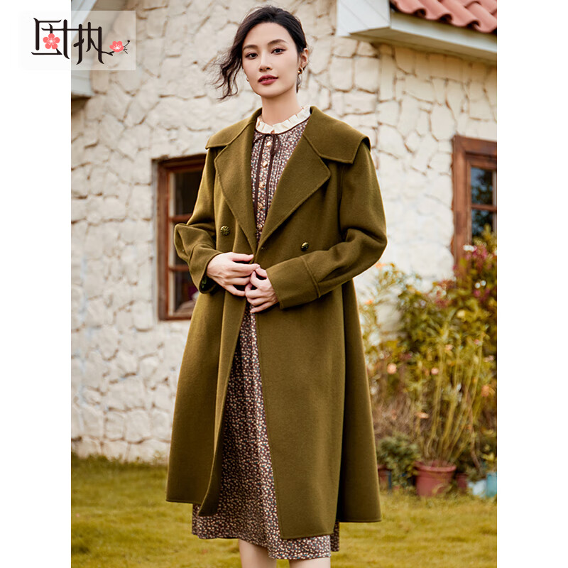 固执(obstinate)2023秋冬新款高级时尚小众风咸菜绿中长款双面呢大衣
