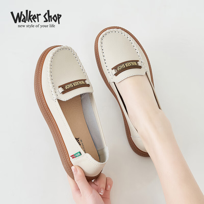 walker shop奥卡索女鞋牛皮厚底休闲豆豆鞋女时尚百搭舒适平底乐福鞋