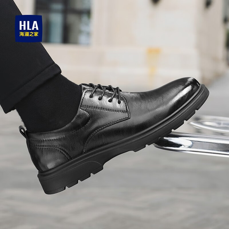 海澜之家(HLA)皮鞋男款新品复古潮流英伦风男士上班通勤百搭舒适软底德比鞋 黑色(HAAPXM1EBH077) 43 (尺码偏大一码,拍小一码)