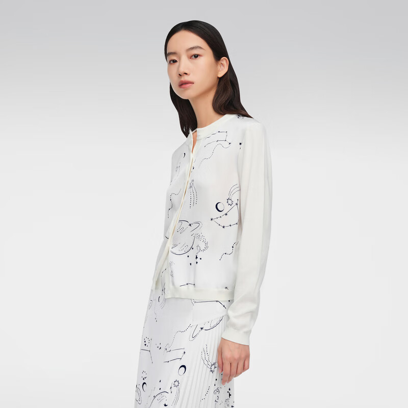 OVVOVV【星辰印花系列】春夏热卖女装圆领长袖针织开衫外套 象牙白花纹09 S