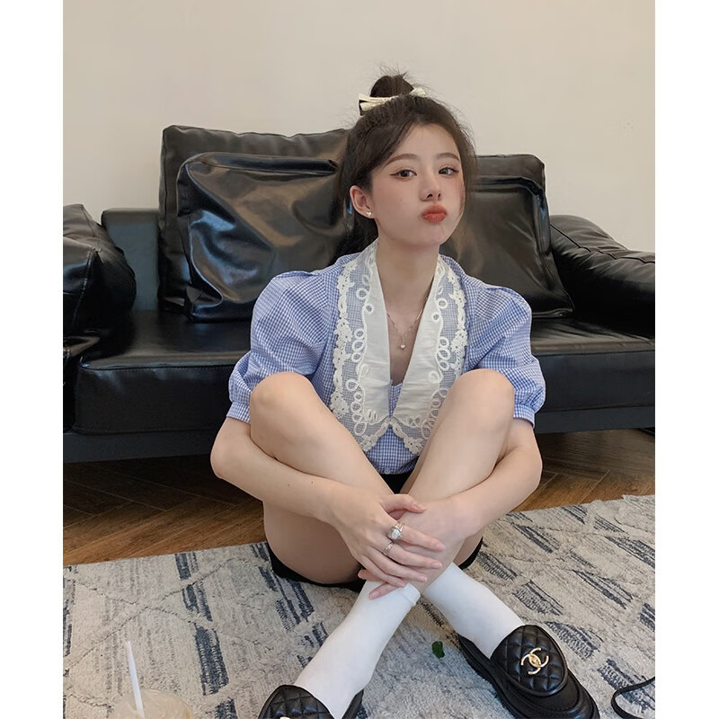 妩纪超好看娃娃领蓝色格子衬衫女夏季小个子法式高级设计感泡泡袖上衣 蓝色衬衫衬衣2024年新款女新款上 S