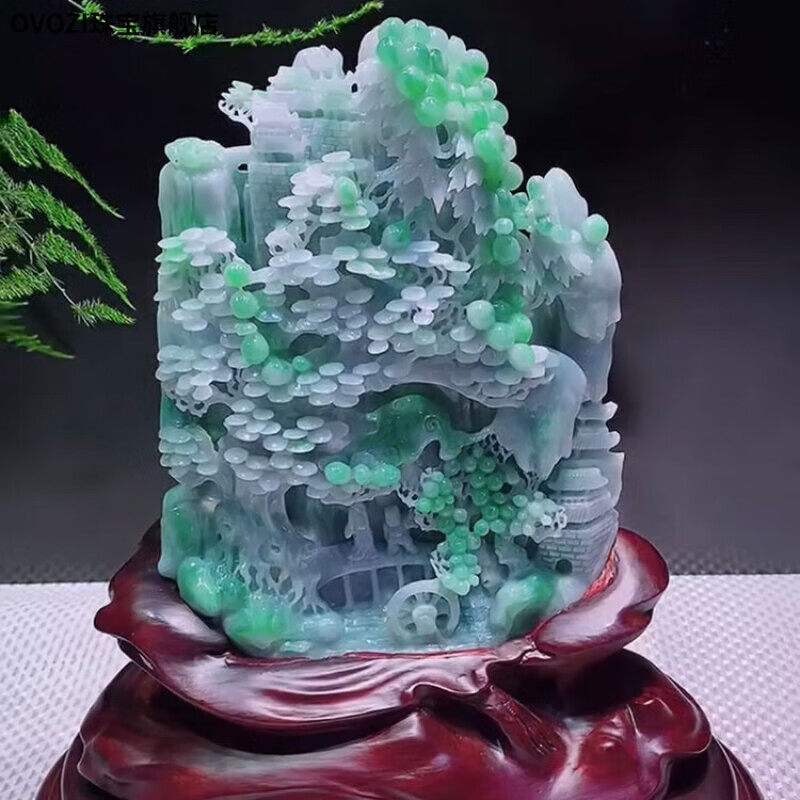 ovozi翡翠白菜摆件缅甸翡翠摆件精雕翡翠客厅白菜山水观音佛像关公