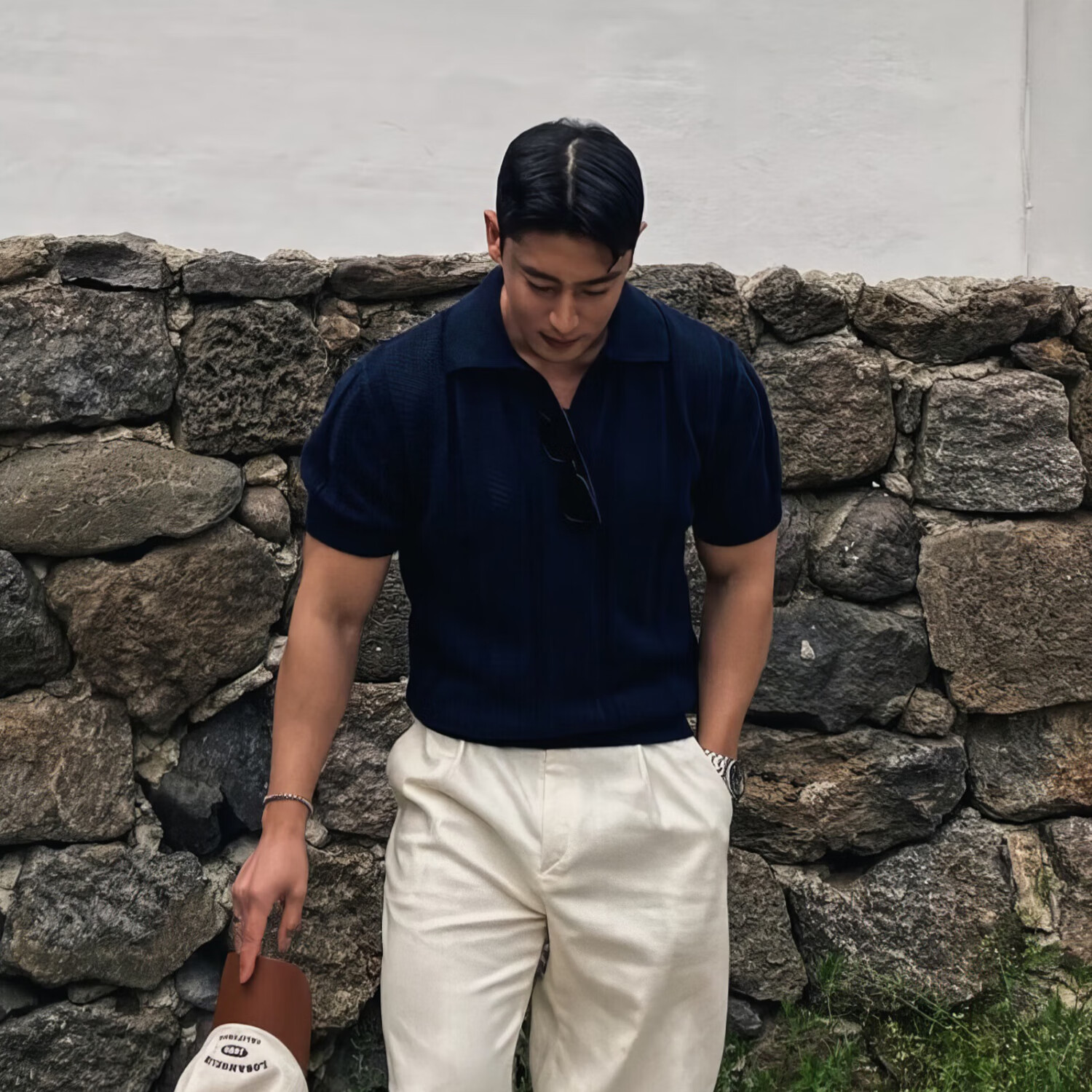 我是大卫美式镂空网眼纹理短袖polo衫男夏季韩系轻熟风t恤衫针织上衣 白色 XL