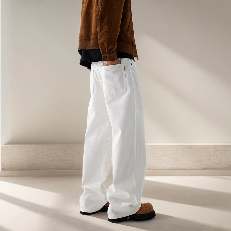 白色牛仔裤男高级感直筒阔腿裤弯刀美式休闲风宽松型秋冬青年裤子 白色 8202-1 32 建议156-165斤