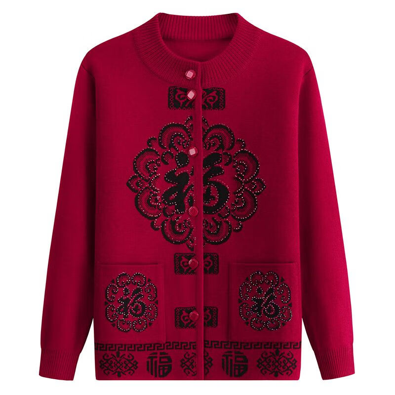 乐拓健妈妈装秋冬保暖圆领长袖老年人女毛衣福字唐装秋冬装针织过年