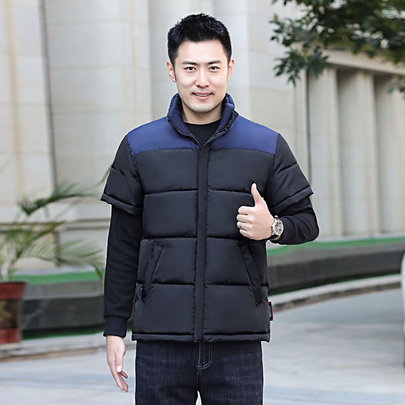 町苧男士短袖马甲保暖护肩半袖羽绒棉服中年休闲新款6X加码拼色冬棉袄 黑色 经典黑 4XL 146-165斤