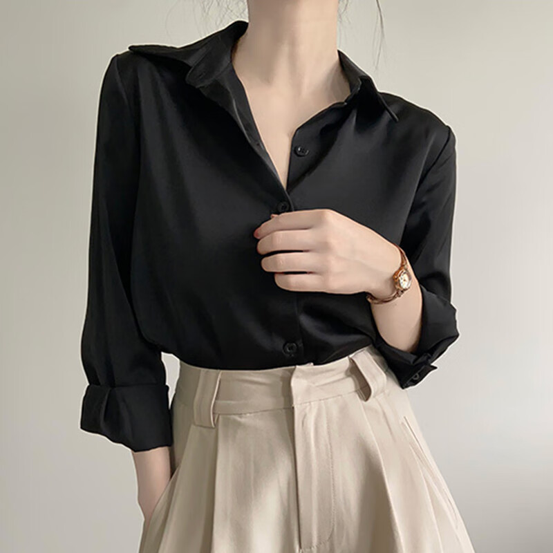 雷黛茜感绿色缎面职业衬衫女通勤衬衣设计感小众上衣百搭春秋款新款 6038# 浅灰绿 S