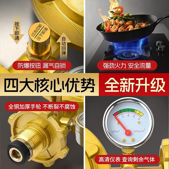 法力威 液化气减压阀煤气罐防爆家用燃气低压阀新国标0.6安全自锁安全阀 【家用-低压】压力表丨漏气自闭
