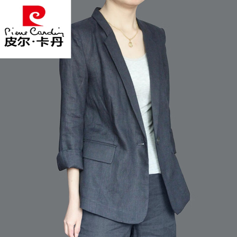 皮爾卡丹亞麻西服套裝女時尚氣質(zhì)韓版休閑棉麻小西裝外套2024春秋夏季薄款 藏青色[單上衣] L 110斤-120斤