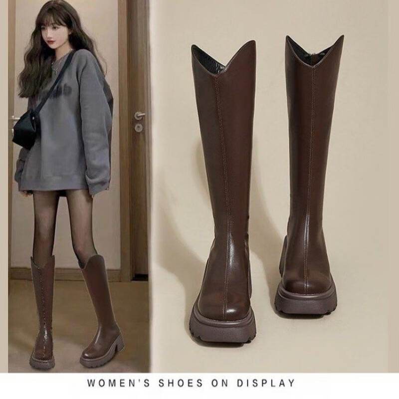 回力四季马丁靴女长筒靴2025秋冬新款瘦瘦不过膝厚底高筒骑士靴小个子长靴 黑色加绒 加绒 37