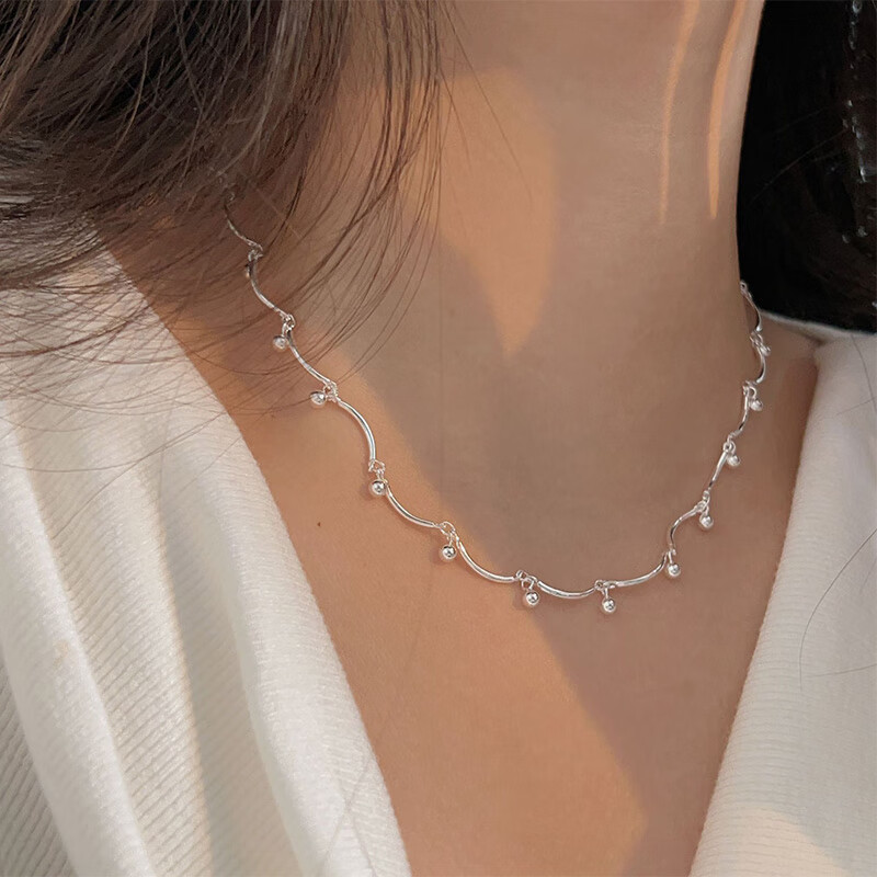 分段式拼接弯曲吊银珠项链女士小众设计锁骨链 分段弯曲拼接银珠项链