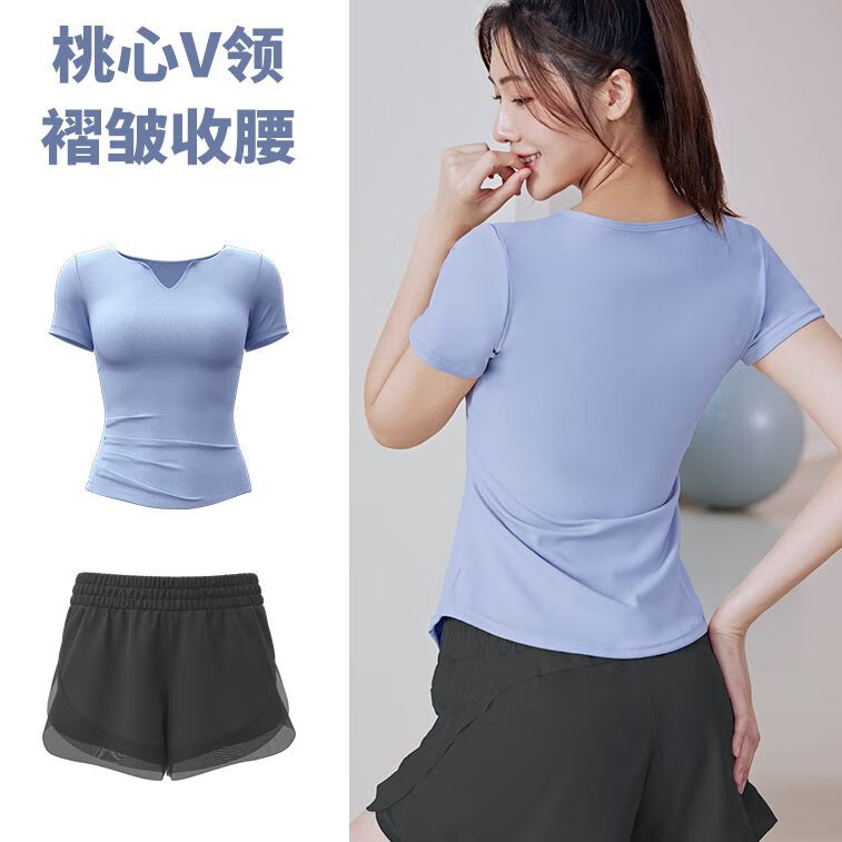VICTORIATOURIST瑜伽服女夏2025新款专业速干跑步速干普拉提健身套装运动短袖上衣 【短袖套装】灰湖蓝+星耀黑 XL【建议115-130斤】