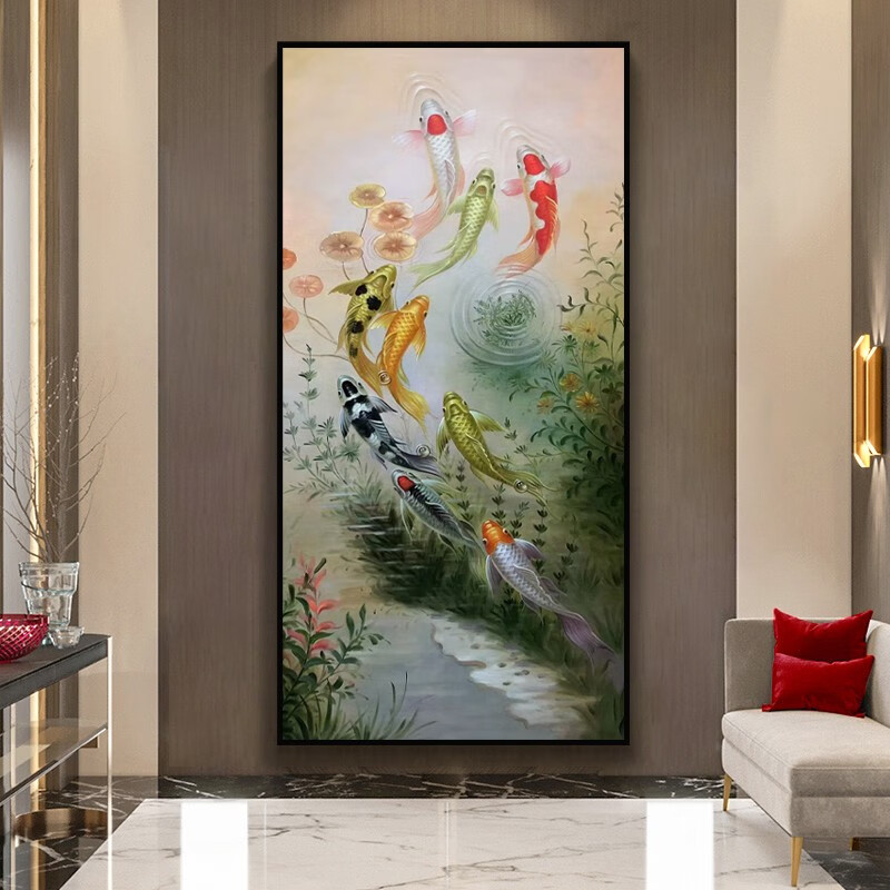 彩象新中式高端手绘油画九鱼聚财图年年有鱼玄关别墅客厅走廊锦鲤挂画