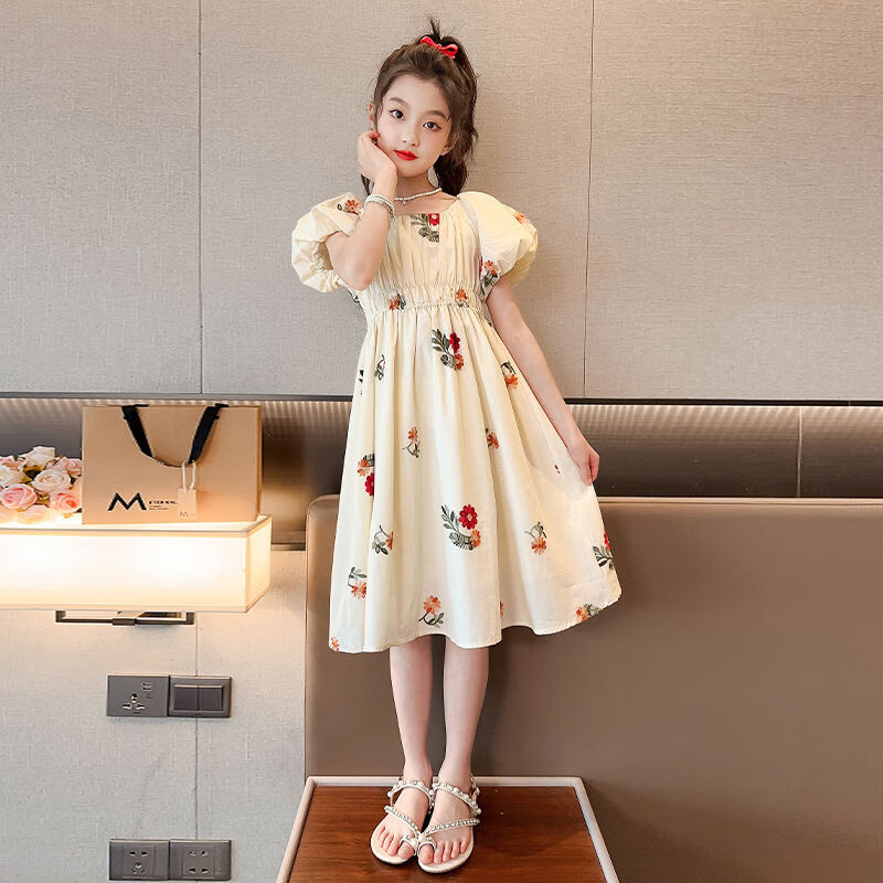 莉莉女童连衣裙夏季休闲女孩子公主裙新款中大儿童泡泡袖时尚洋气女装