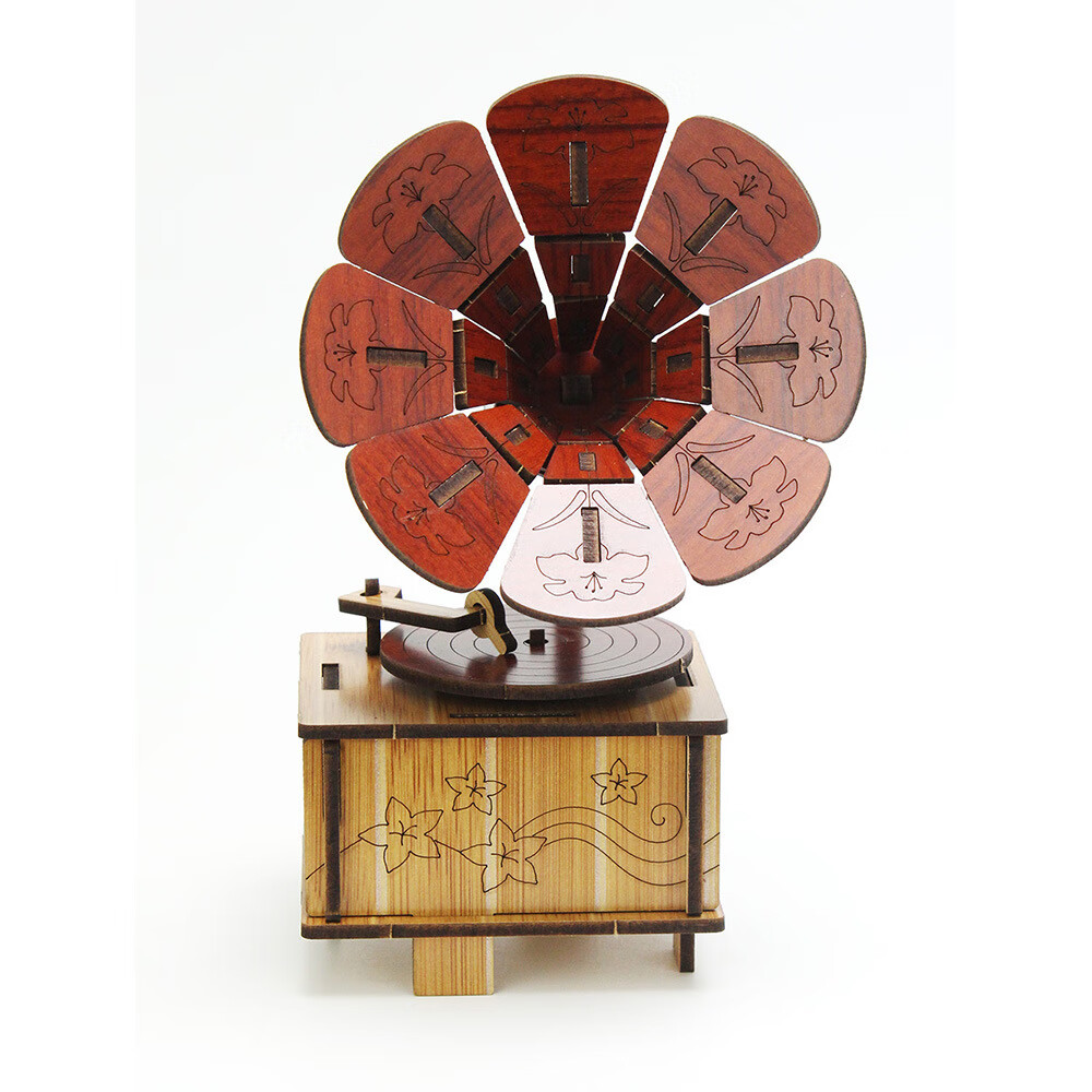 木制留声机拼装diy八音盒手工立体模型音乐盒复古创意桌面礼物 a款