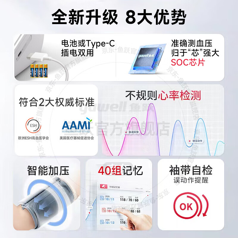鱼跃(yuwell)电子血压计 血压仪家用老人 臂式医用级高精准高血压测量仪器送礼 血压脉波双测+国际双认证+双供电+智能加压