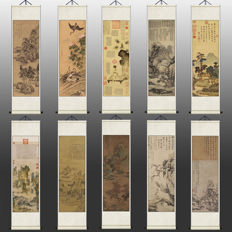 山头林村唐寅山水画明代唐寅山水仇英挂画仿古卷轴沈周名家字画茶楼挂