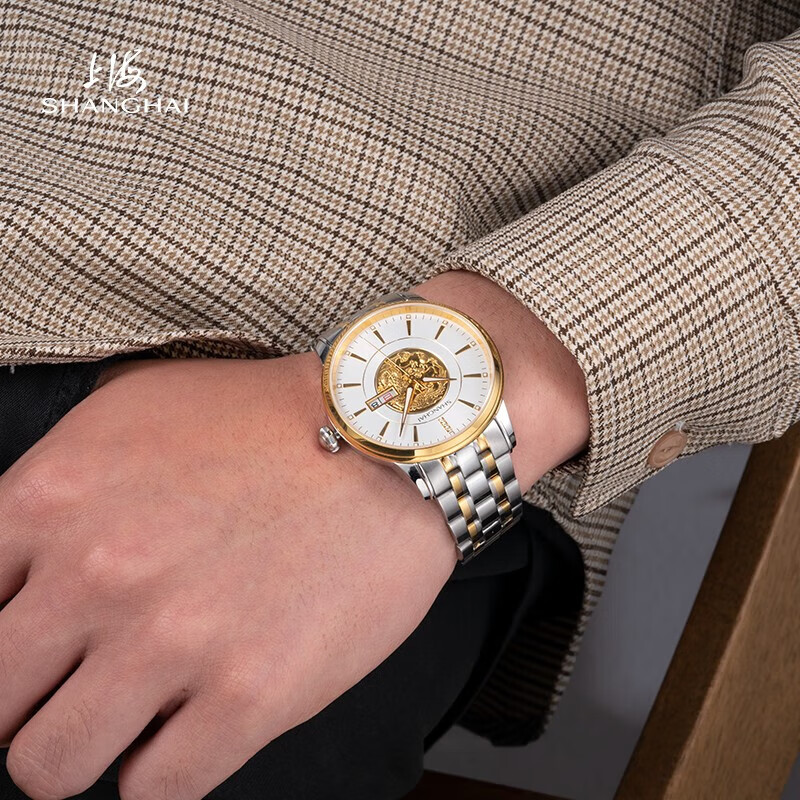 上海（SHANGHAI）男士手表男 24K黄金表全自动机械男表镶钻龙凤呈祥情侣男女表3098 龙纹浮雕金表-全金钢带机械男表
