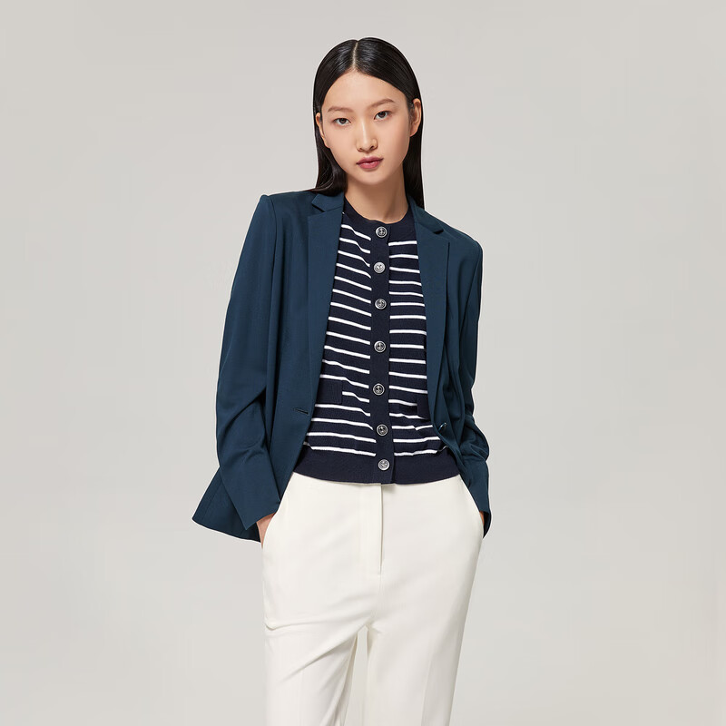 OVV秋冬热卖高弹针织通勤职业套装西服上衣 藏青A6 M