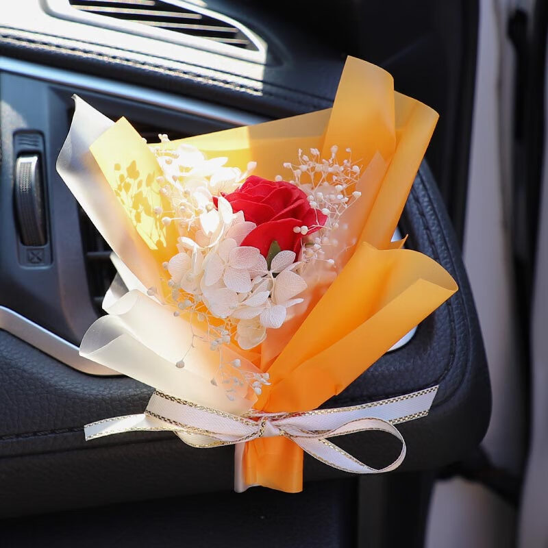 中控台高档车载香水创意干花花束汽车内饰品摆件车上 爱玛橙红玫瑰
