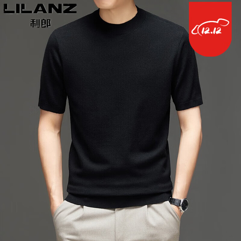利郎官旗店短袖羊毛衫秋冬薄款圆领休闲纯羊毛针织衫纯色半袖 黑色