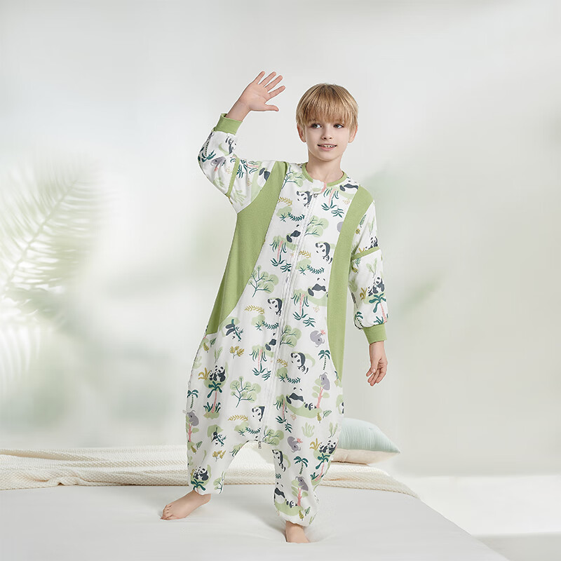 育爱儿童恒温分腿睡袋春秋夏天中大童可拆袖防踢宝宝婴儿家居服睡袋 熊猫【春夏款-前六后四】20-28℃ 衣长120码【适合115-135cm身高】