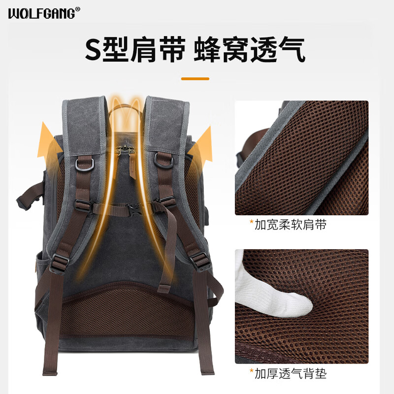 沃尔夫冈(WOLFGANG) 单反/微单/摄像机收纳包单肩背双肩背相机包 用于佳能尼康索尼松下专业相机/摄像机收纳 【S23深灰色蜡染帆布+疯马牛皮双肩背】 标配