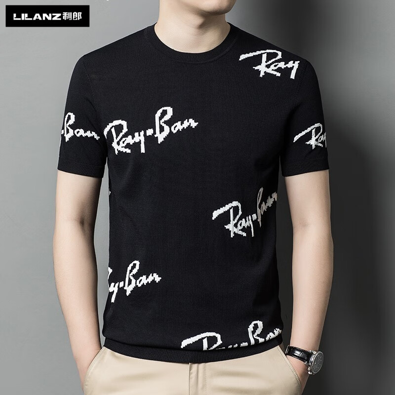 利郎男装短袖针织衫夏季新款圆领休闲t恤半袖毛衣薄款男士上衣潮 黑色