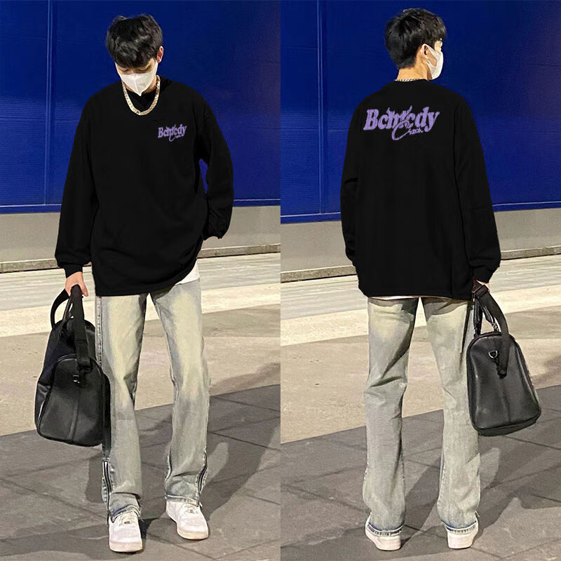 零九达人美式高街纯棉长袖t恤男春秋季卫衣潮流重磅宽松打底衫内搭