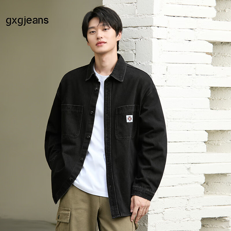 gxg.jeans男装夹克2024年冬季简约休闲黑色翻领外套潮 黑色-1 175/L