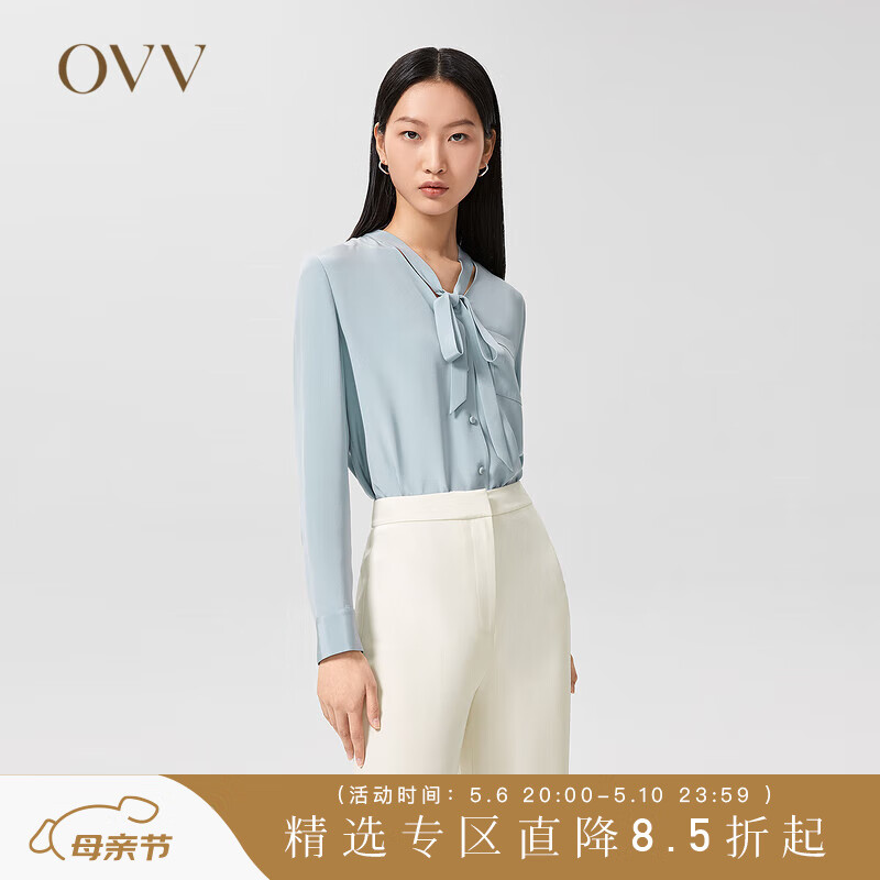 OVV【重磅真丝】OVV2022春夏新款女装30MM重绉V领飘带气质休闲衬衫 蓝灰04 M