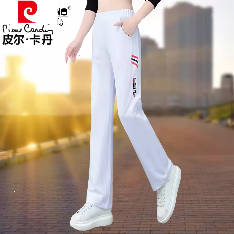 皮尔卡丹纯棉运动裤女夏季薄款2025新款宽松大号女士休闲直筒裤长裤 白色 长裤 XL建议110-125斤