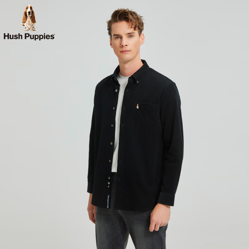 暇步士(Hush Puppies)【柔软耐磨】男装秋季面料厚实复古细条灯芯绒衬衫 墨蓝色 L